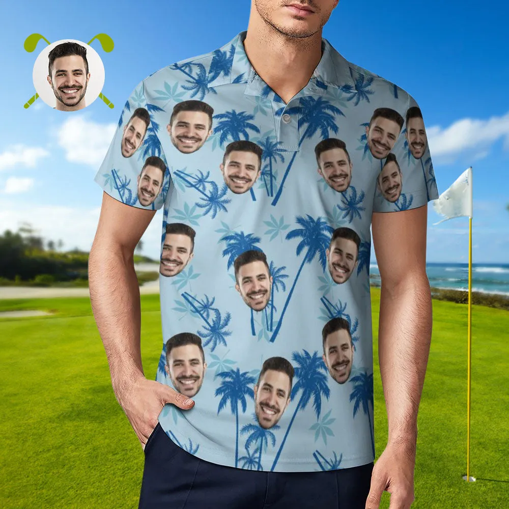 Men's Custom Face Polo Shirt Personalised Light Blue Hawaiian Golf Shirts