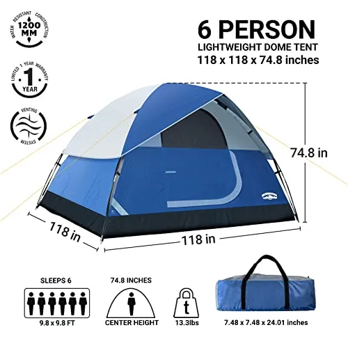 Pacific Pass Camping Tent 6 Person Family Dome Tent, Navy Blue