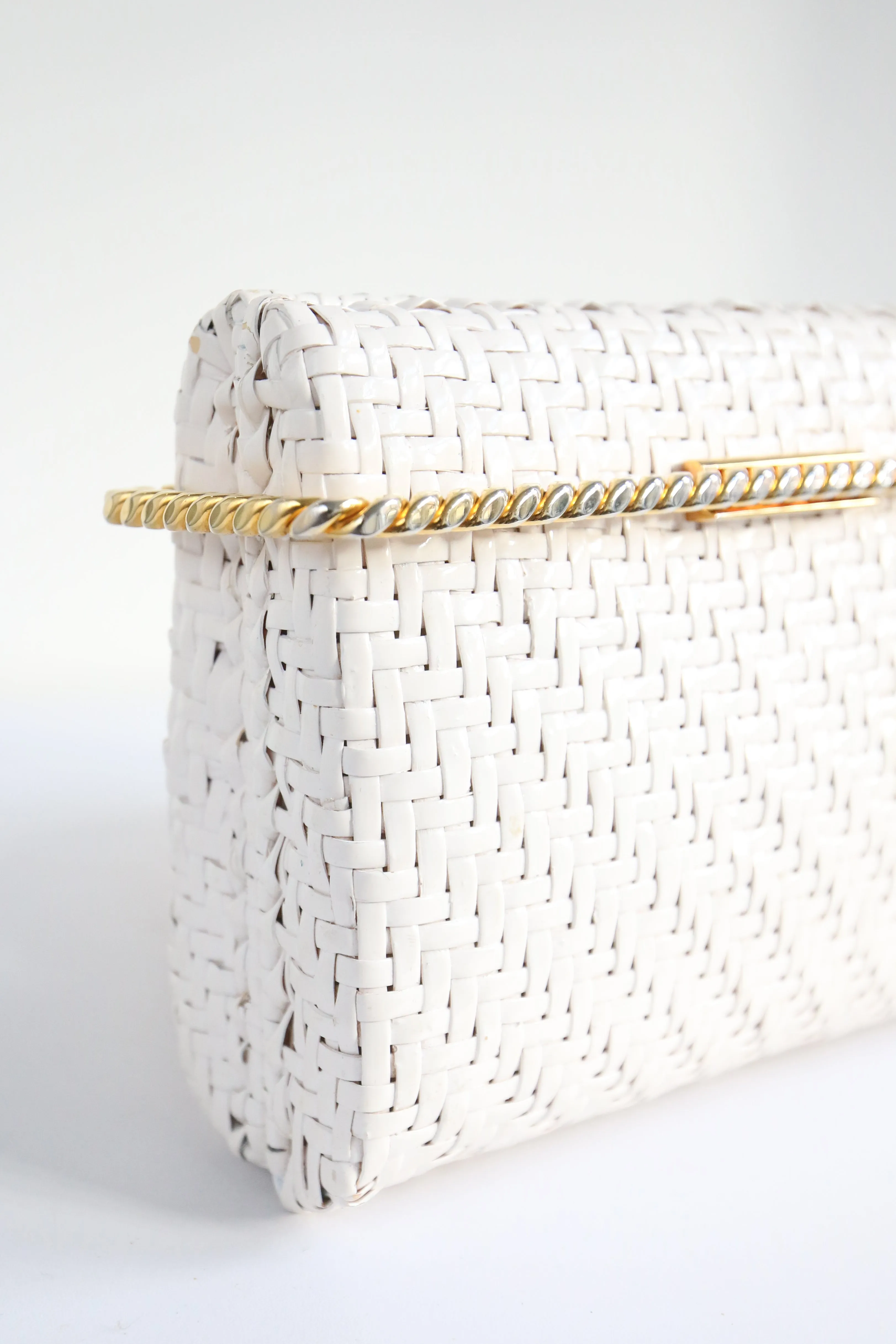 "White Straw Clutch" Vintage 1960's White Straw & Gold Clutch Bag