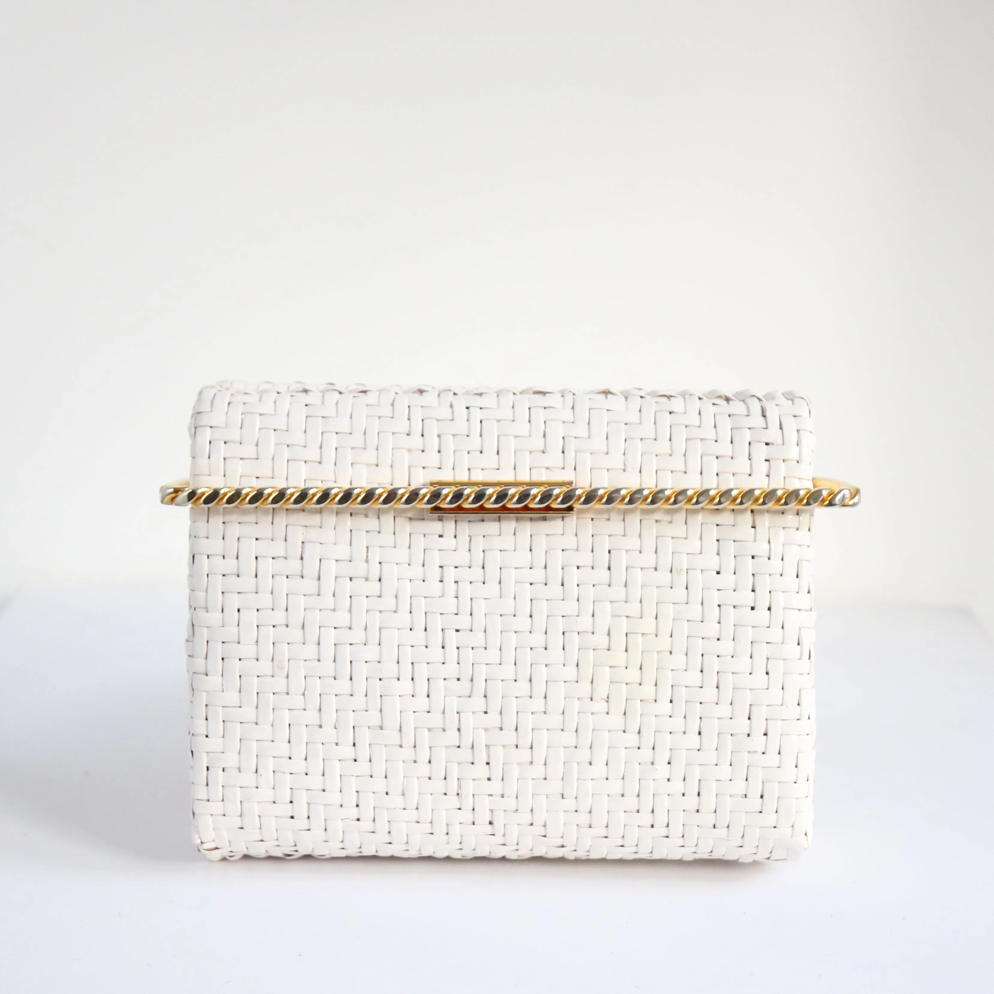 "White Straw Clutch" Vintage 1960's White Straw & Gold Clutch Bag