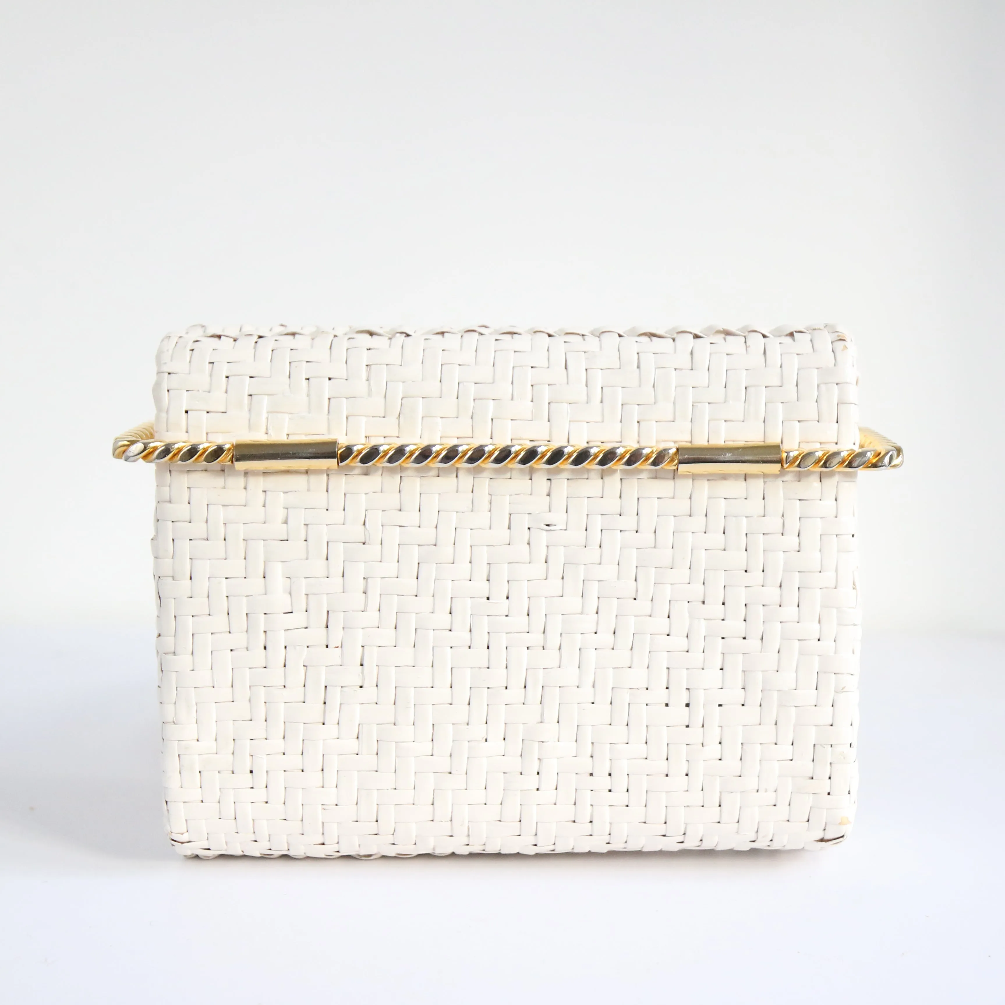 "White Straw Clutch" Vintage 1960's White Straw & Gold Clutch Bag