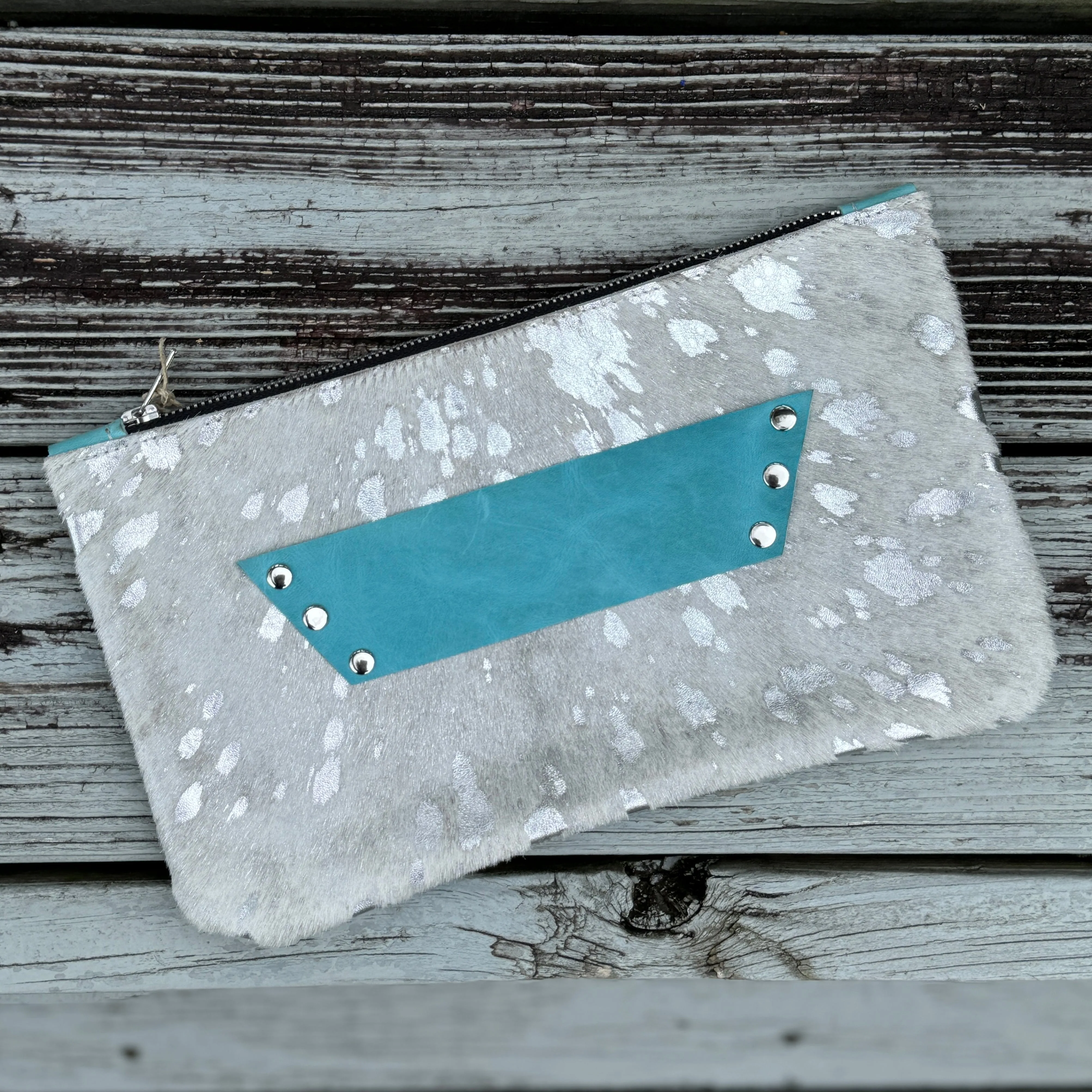 [raleigh leather] Clutch - Silver Acid Wash   Aqua