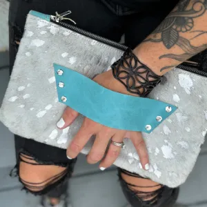 [raleigh leather] Clutch - Silver Acid Wash   Aqua
