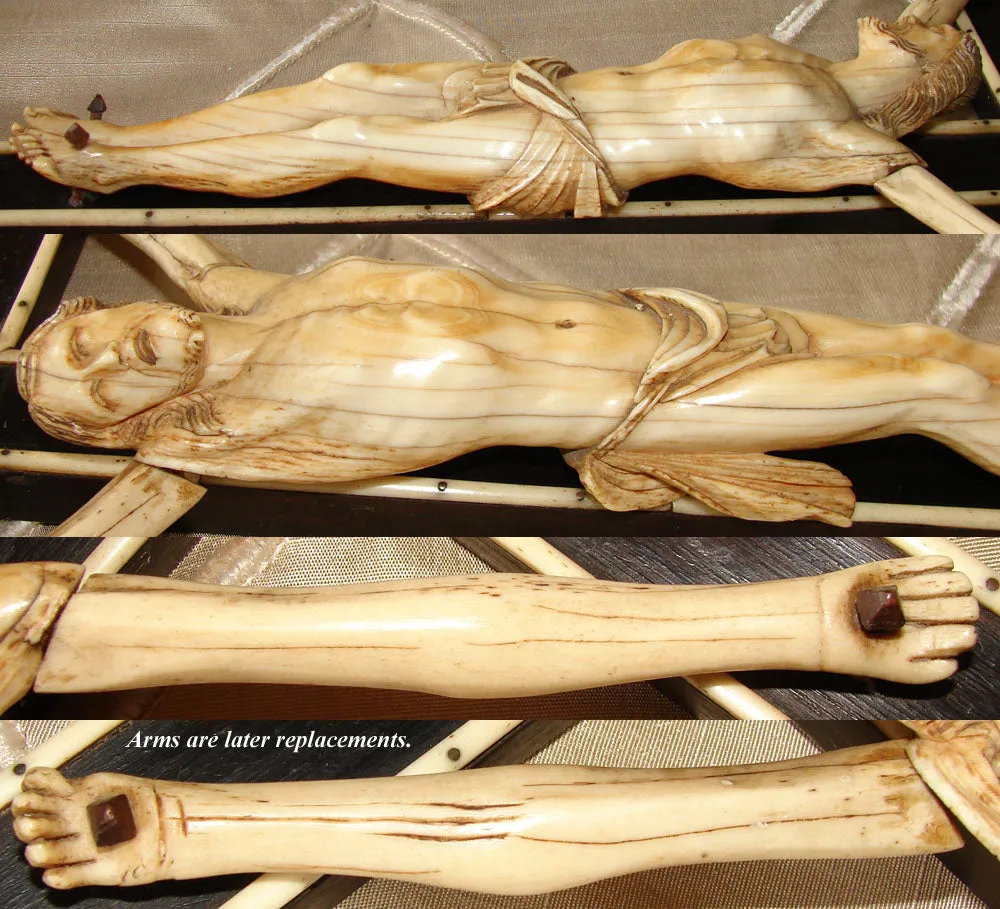 Rare Antique Dieppe Carved 8 5/8" Ivory Christ Figure, Jesus Sculpture, Altar Style 20.5" Cross on Stand