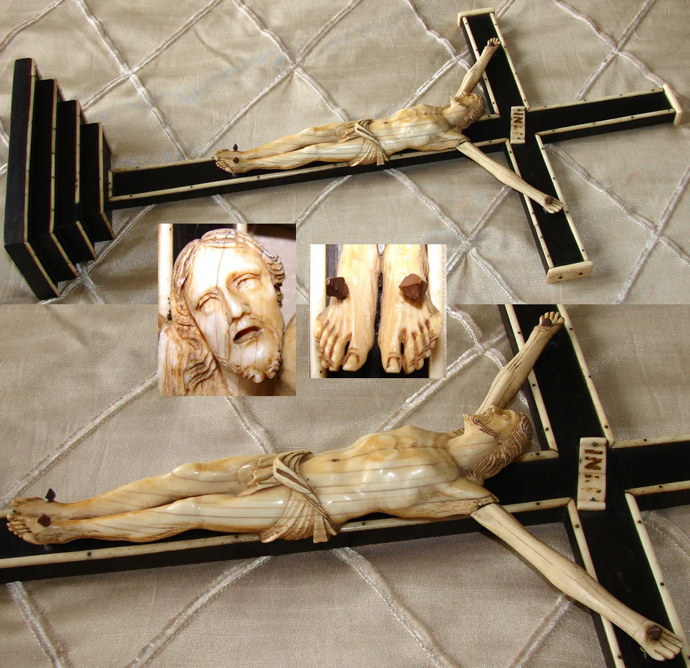 Rare Antique Dieppe Carved 8 5/8" Ivory Christ Figure, Jesus Sculpture, Altar Style 20.5" Cross on Stand