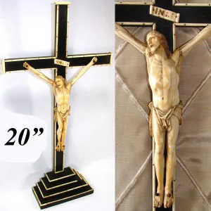 Rare Antique Dieppe Carved 8 5/8" Ivory Christ Figure, Jesus Sculpture, Altar Style 20.5" Cross on Stand