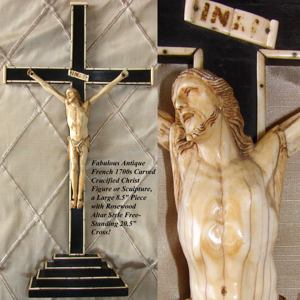 Rare Antique Dieppe Carved 8 5/8" Ivory Christ Figure, Jesus Sculpture, Altar Style 20.5" Cross on Stand