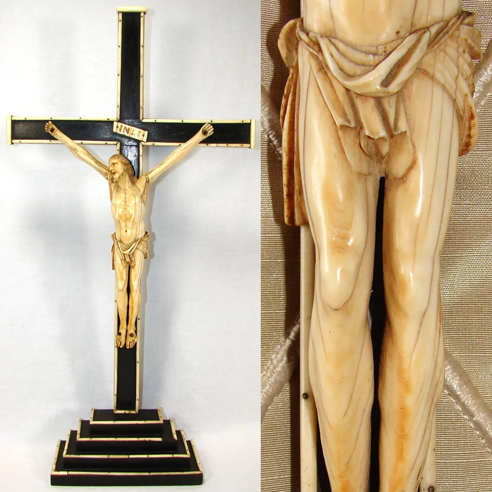 Rare Antique Dieppe Carved 8 5/8" Ivory Christ Figure, Jesus Sculpture, Altar Style 20.5" Cross on Stand