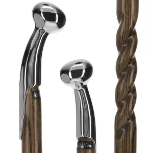 Scratch and Dent Hame Chrome Plated Handle Walking Stick With Twisted Ash Wood Shaft V2310