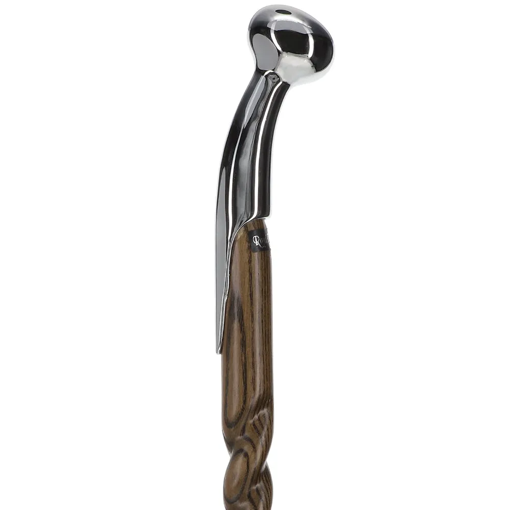 Scratch and Dent Hame Chrome Plated Handle Walking Stick With Twisted Ash Wood Shaft V2310