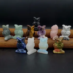 Semi-Precious Gemstone Carved Owl Figurine Sculpture 2 Inch