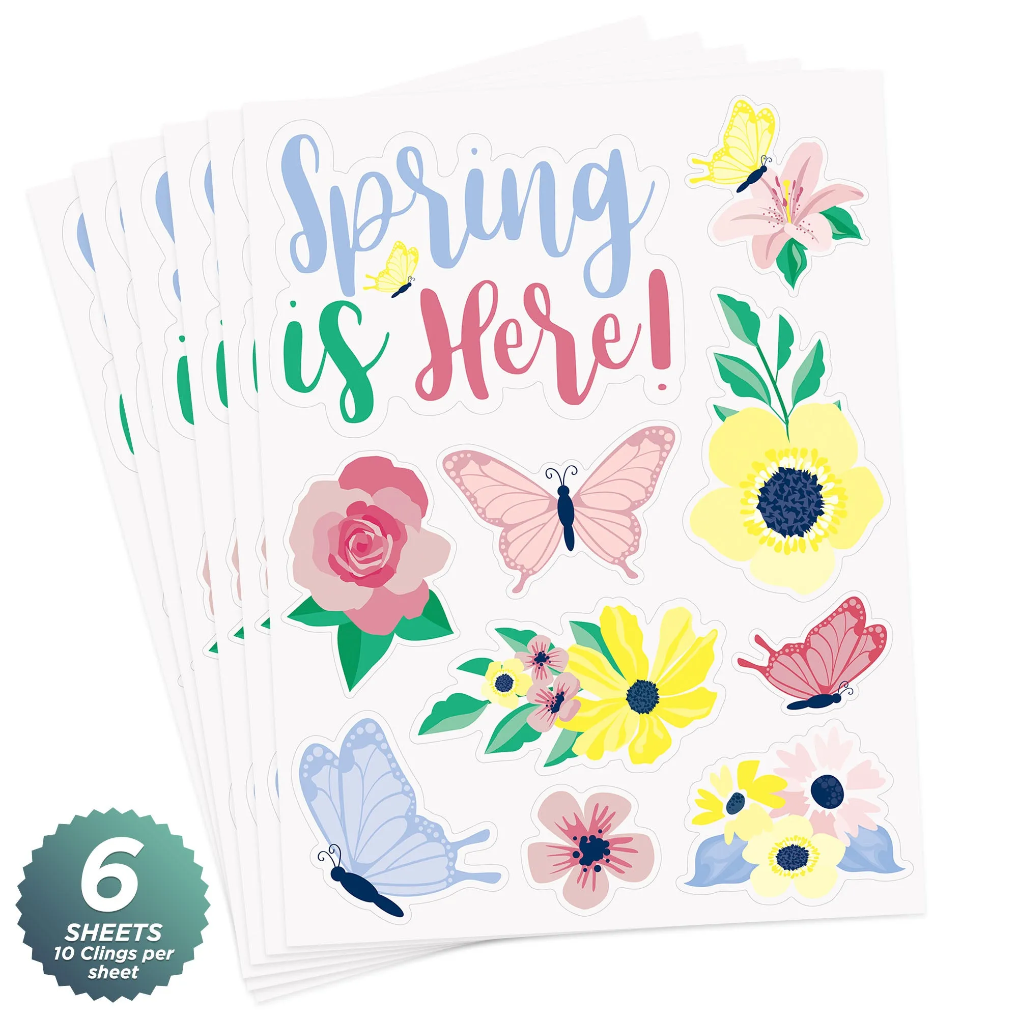 Spring Pastel Floral & Butterfly Window Cling Decorations, Set of 6 Sheets
