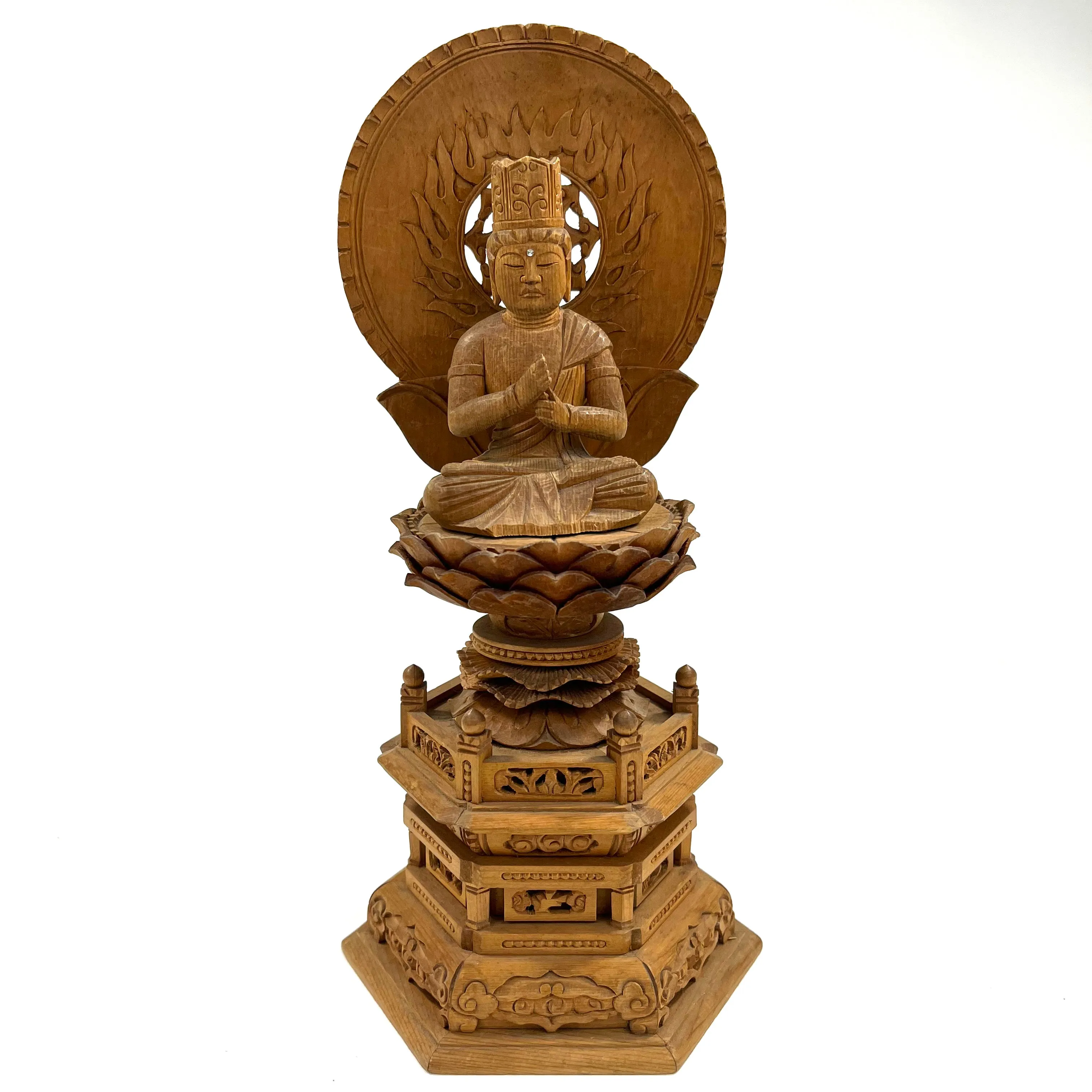 Statue of Maitreya Bodhisattva in Seated Mudra Carved Wooden Japanese Statue 11.5"