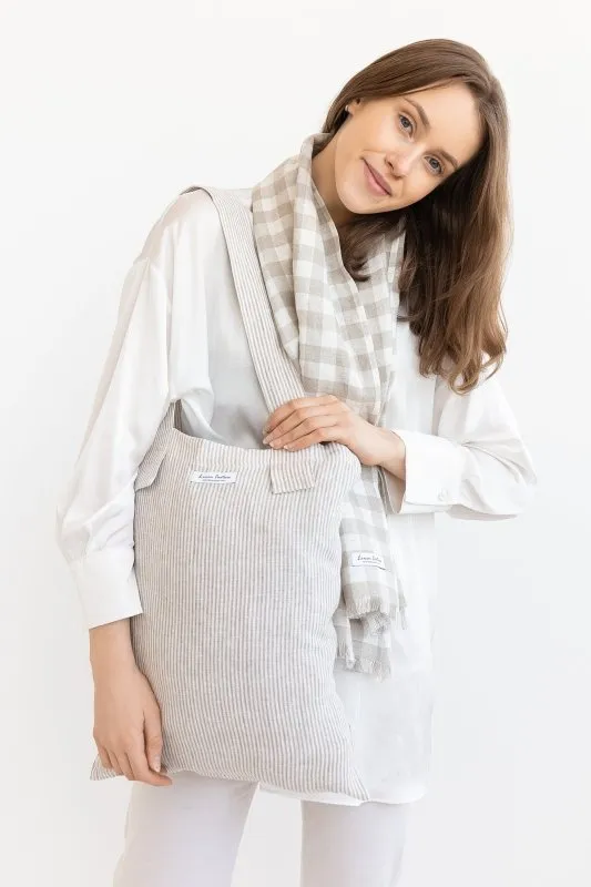 Striped Beige linen large tote bag