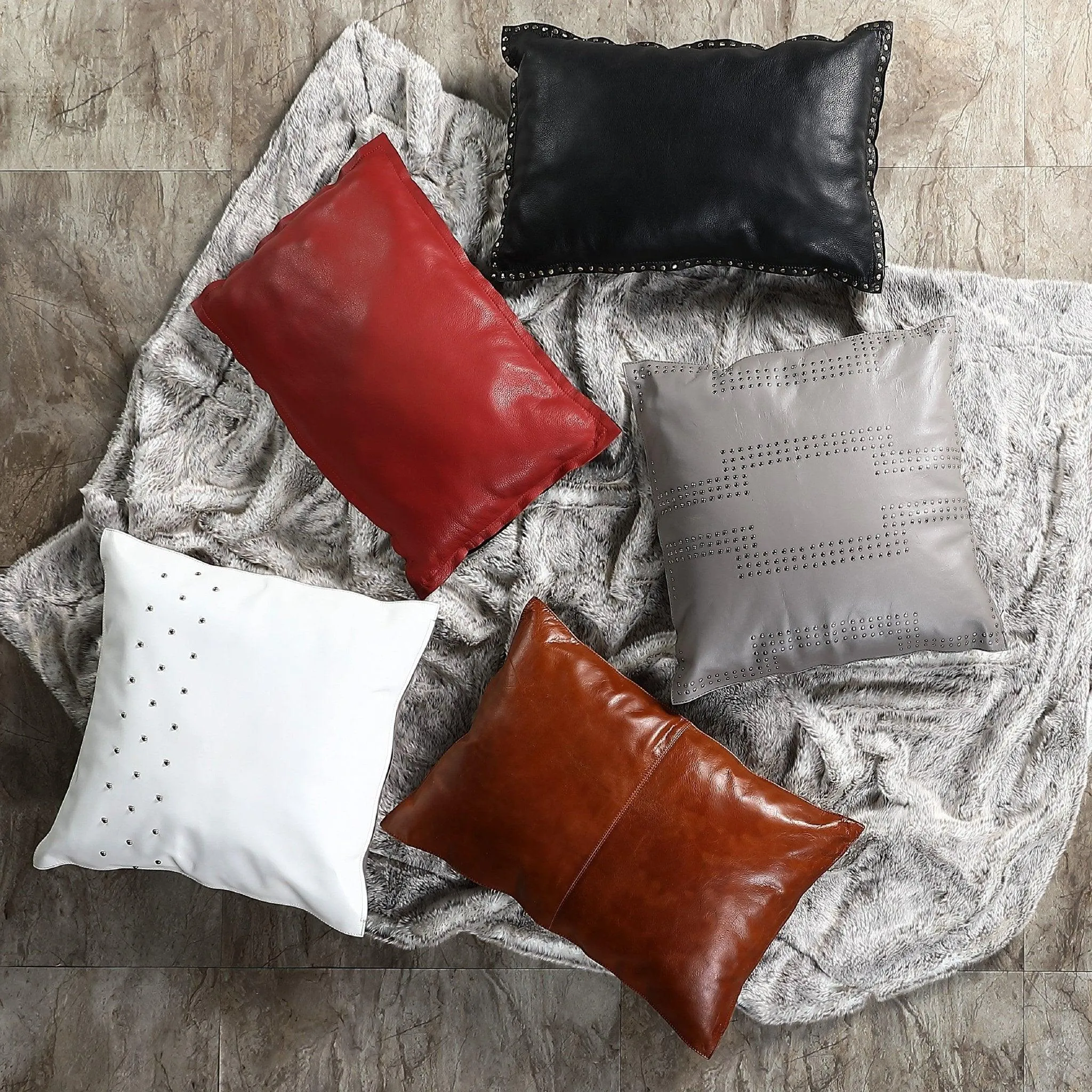 Studded White Leather Throw Pillow