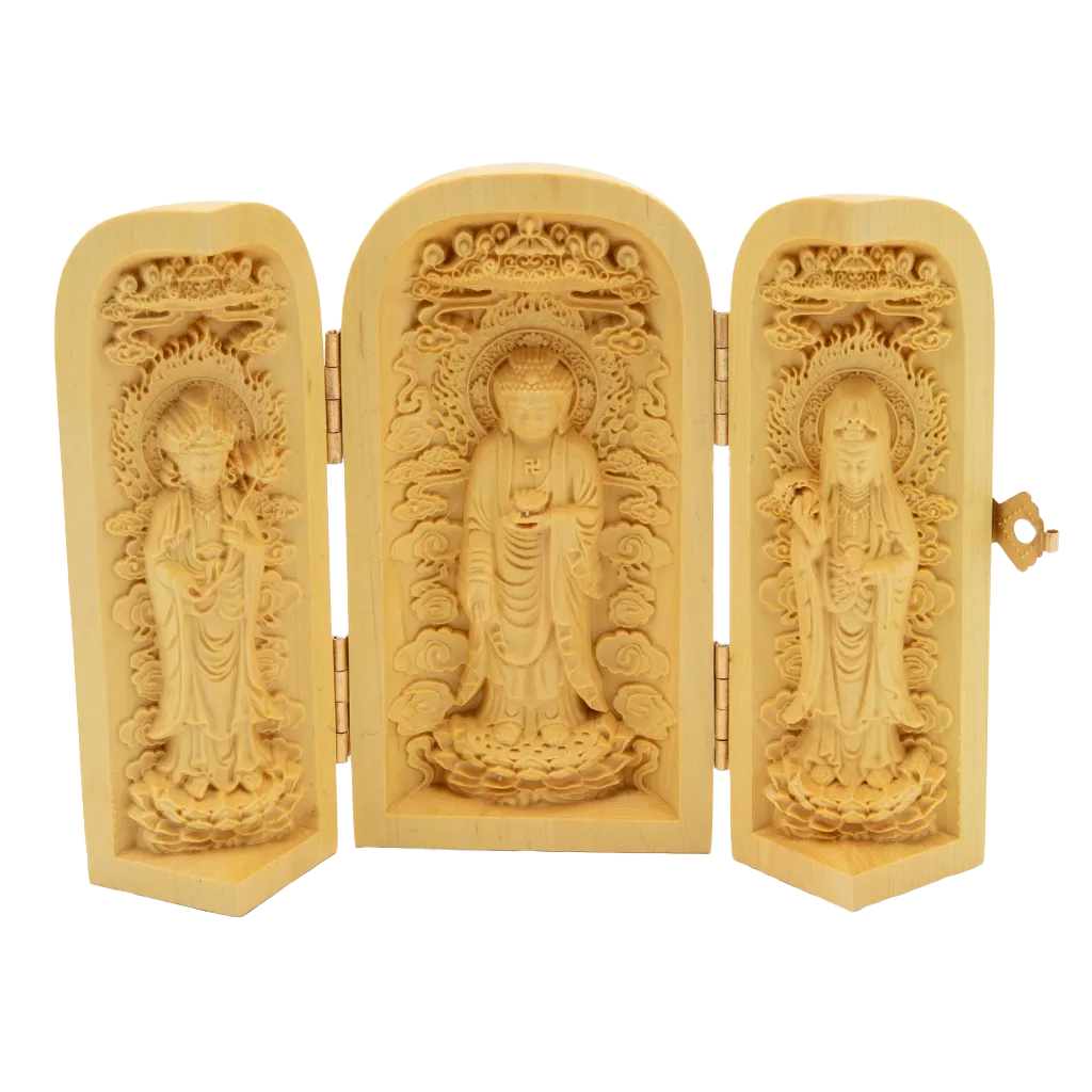 Trifold Portable Buddhist Shrine - Buddha, Quan Yin, & Tara
