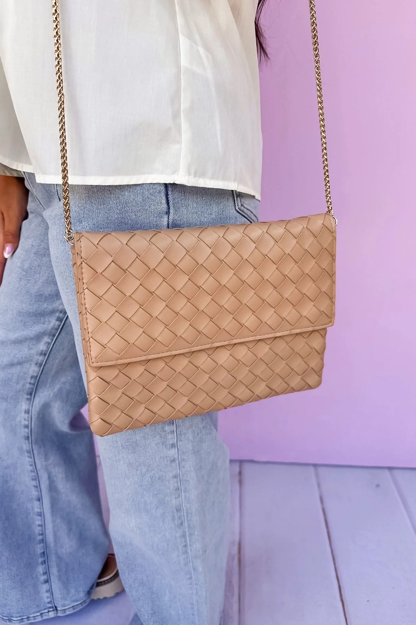 Woven Faux Leather Flap Bag Clutch/Crossbody in Khaki