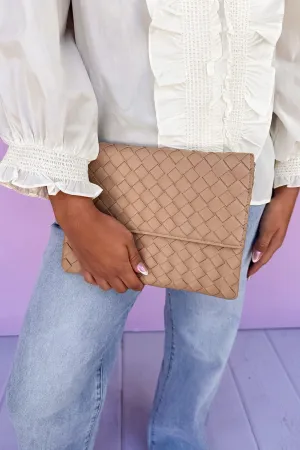 Woven Faux Leather Flap Bag Clutch/Crossbody in Khaki